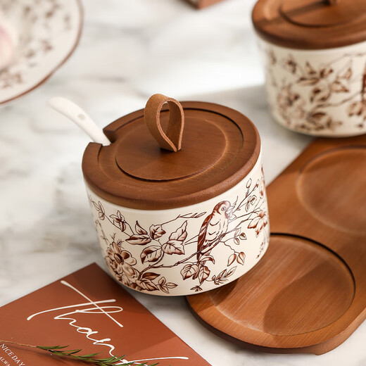 Timeless Queyue Branch Ceramic Seasoning Jar Set Home Kitchen Seasoning Salt Shaker Combination High-Level 3 Packs of Queyue Branch Seasoning Jars - With Storage Tray