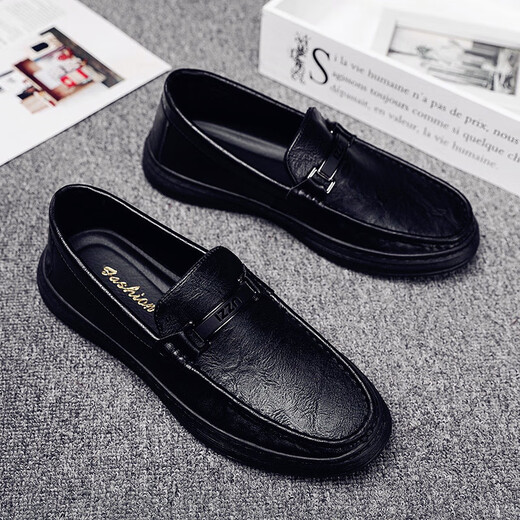 YRC Yierkang 2025 Été Génétique Cuir Cuir Casual Men's Chaussures British Style Chaussures en cuir décontracté Les gens paresseux Kick Hands 9903 Black 43