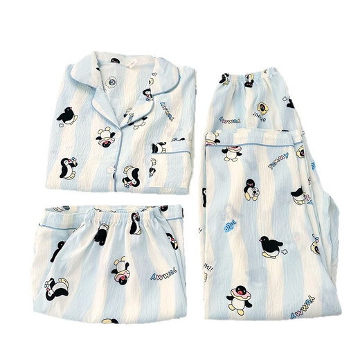 
Jingpufei striped penguin short-sleeved pajamas for women cute cartoon cotton three-piece set home clothes Yunduo Cotton-J9901# Paradise Puppy Three-piece Set M [Suggestion 75-100Jin [Jin equals 0.5 kg]]