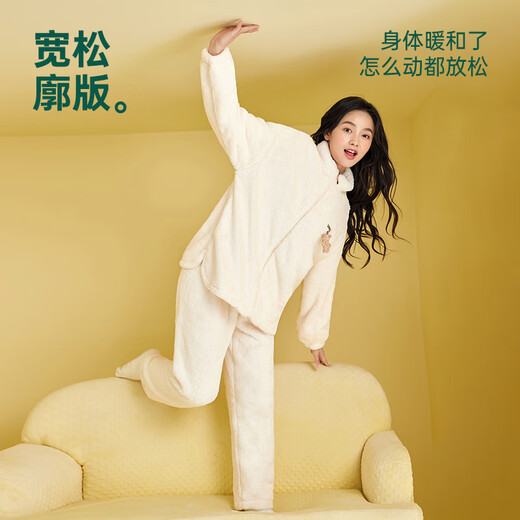 Anzhiban Companion Pet Antistatic Couple Pajamas Spring and Autumn Snowflake Velvet Casual Fashion Loose Men's and Women's Home Clothes Cream Yellow M