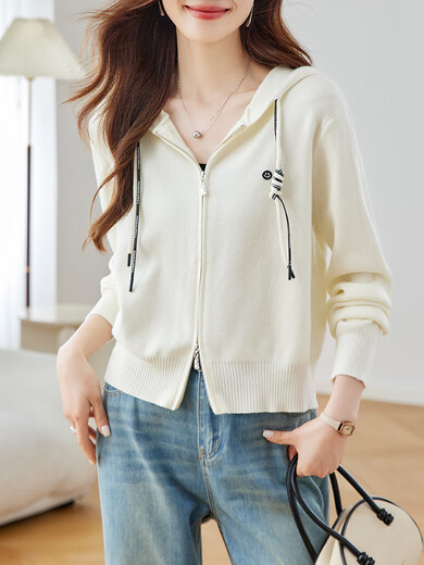 QIAFAN Spring 2025 new hooded knitted cardigan for women casual loose zippered sweater jacket for women spring and autumn clothing Mint green M [90-105Jin[Jin equals 0.5 kg]]