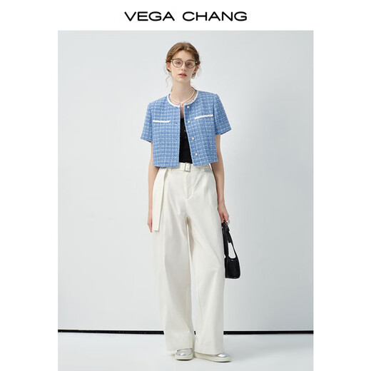Vega Changvegachang Frauen Kurzjacke 2025 Neue Frühlings- und Sommer Retro Eleganer Stil gewebter kleiner Geschmack Kurzarmjacke Sky Blue_Second Batch s