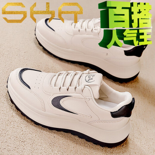 沙克兰百搭皮面休闲鞋女2025春秋新款厚底防滑老爹鞋增高轻便透气运动鞋 卡黑 G2601 39