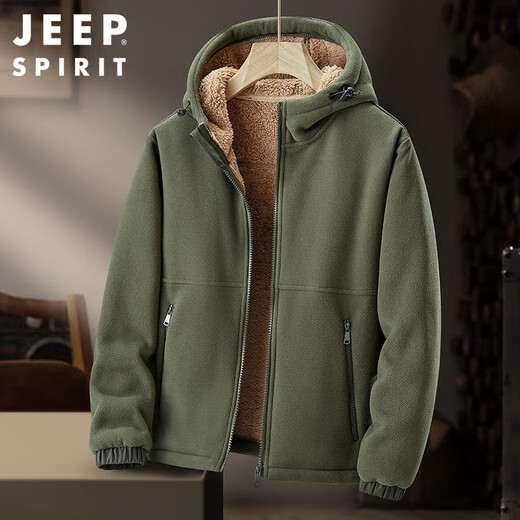 JEEP SPIRIT Jeep Polar Fleece Jacket Men's Autumn and Winter Plush Hooded Jacket Men's Cardigan Fleece Jacket Military Green XL