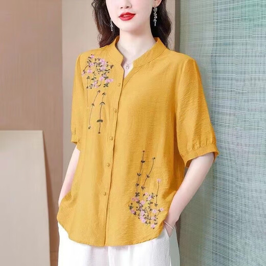 锦人初夏季中袖棉麻上衣女2025新款国风刺绣女士衬衫妈妈装宽松亚麻小衫 红色-694 均码 m约108斤内