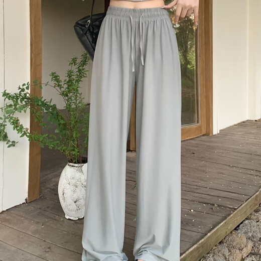 Women's summer thin high waist draping straight-leg loose casual comfortable cool sun protection wide-leg pants KX K66 light gray XL [115-125Jin[Jin equals 0.5 kg]]