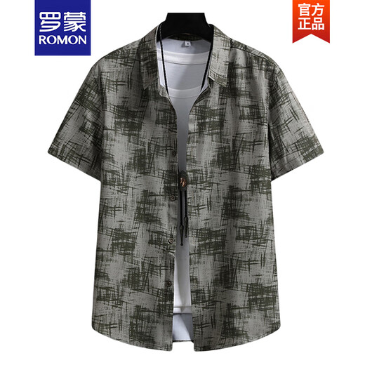 
ROMON short-sleeved shirt men's summer loose pointed collar fir jacket thin ice silk top clothes handsome shirt men 7027 deep coffee M about 95~110 Jin [Jin equals 0.5 kg] can be worn