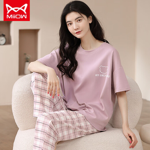 猫人 MIIOW新款夏季女睡衣短袖长裤薄款春夏外穿家居服夏天套装 短袖+长裤 YZT-9716 M 适合(80-100斤)穿