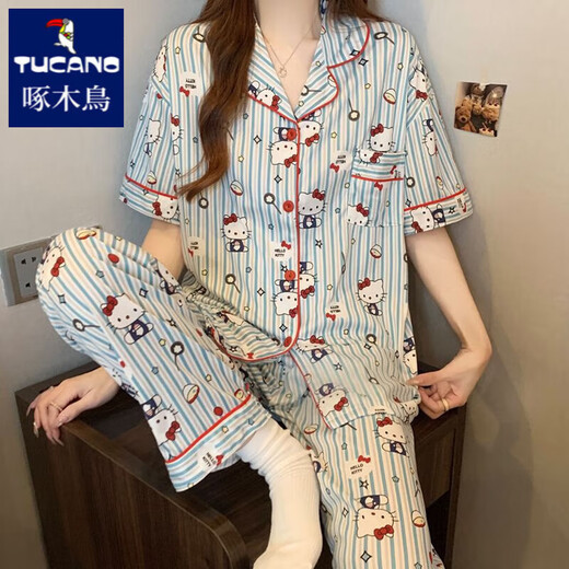 Specht KT Cat Pyjamas für Frauen im Sommer kurzärmelig, reine Baumwoll-Drei-teilige Set 2025 New Cartoon Cette Student Home Clothes #FS-Drei-Stück-Set 14122 m [75-95jin [Jin gleich 0,5 kg]]]