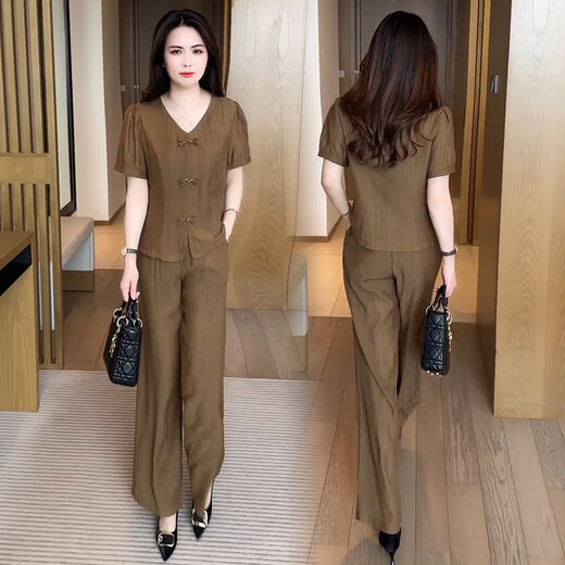 Kayoulai Mode Frauenkleidung Set Modischer und modischer Stil reduzieren weibliche kleine Menschen Sommer 80er Jahre Neue chinesische Plattenknopf Frauen Kaffee Set M Gewicht 85-100jin [Jin gleich 0,5 kg] Universelle Größe