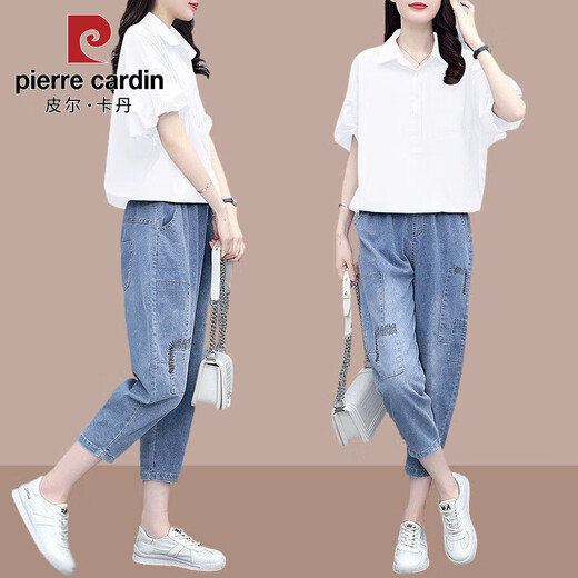 Pier Cardin Summer NUEVA Versión coreana Camisa de manga corta para mujeres Traje de jeans Versión suelta de la cintura elástica Conjunto de dos piezas 1429+5005K Khaki [set] 3xl [recomendado 145-160Jin [Jin iguala 0.5 kg]]