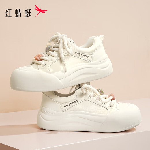 红蜻蜓泡芙面包鞋2025春季百搭小白鞋丑萌厚底板鞋女WTB15280 米白色 39