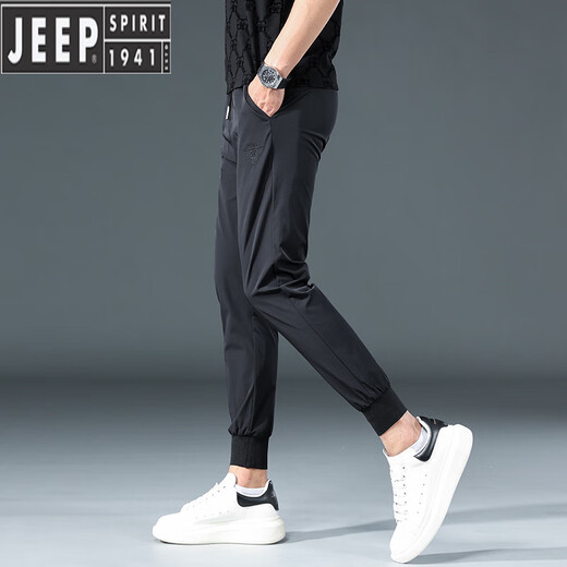 Jeep Spirit Feste Farbe Eisseide Harem Hosen Herren Sommer dünne elastische Taille Vielseitige Füße schnell trocken neun Punkte lässige Sporthosen schwarz 30