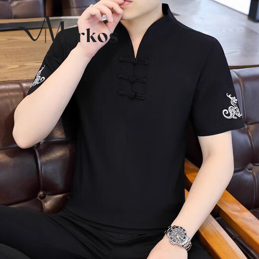 Markos new Chinese style cotton linen short-sleeved T-shirt for men 2025 new summer plate button V-neck embroidered Tang suit Hanfu men E9871 white M [90-105Jin [Jin equals 0.5 kg]]
