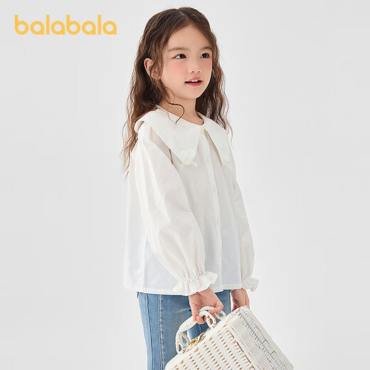 Balabala shopping mall same style children's clothing girls long-sleeved shirt pure cotton white shirt 2025 spring new top original white 10101 100