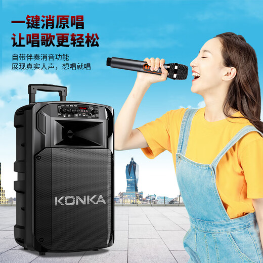 Konka Square Dance Audio Performance Singing K Song Street Stall Outdoor Mobile Trolley Speaker Subwoofer Home Portable Bluetooth High Power High Volume Three-band Wireless Microphone 15-inch Upgraded Subwoofer + 1 Microphone
