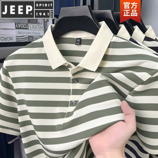 
JEEP SPIRIT short-sleeved T-shirt for men 2025 new striped lapel casual half-sleeved summer loose thin men short-sleeved POLO L9906 black M 165 recommended 90-120Jin [Jin equals 0.5 kg]