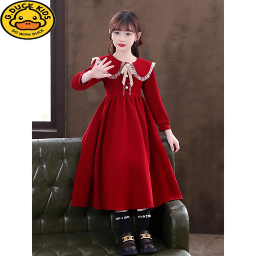 G.duck Girls Dress Autumn 2026 New Long Sleeve Children's Skirt Fashionable Girl Princess Dress Western Style Spring and Autumn Style CLS-H03 Burgundy Plus Velvet Pay attention to the headband 150 cm