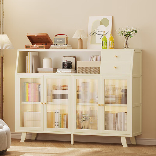 Sizhuge Kitchen Shelf Nordic Sideboard Microwave Oven Home Living Room Cabinet Home Solid Wood Multi-Function Storage Cabinet Wine Cabinet Single Door Model-Milk White