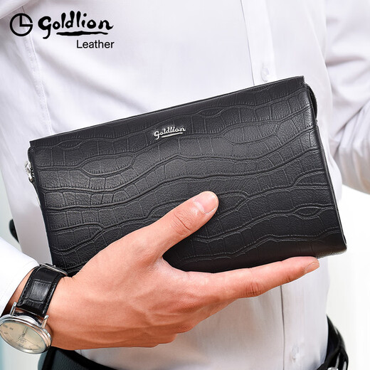 Goldlion men's handbag genuine leather brand 2025 new cowhide crocodile pattern large-capacity clutch men [Black] Official authorization