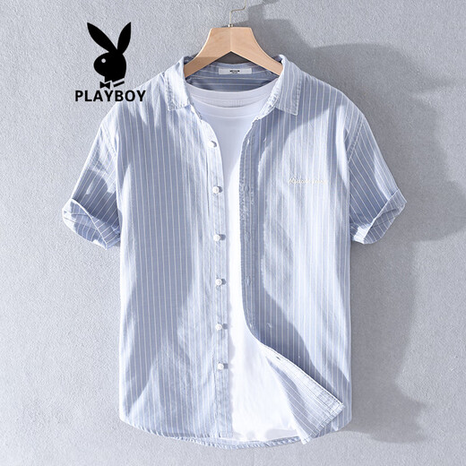 花花公子（PLAYBOY）夏季纯棉日系新款休闲短袖衬衫条纹免烫帅气男士衬衣服 9738浅蓝条纹 M 100斤左右
