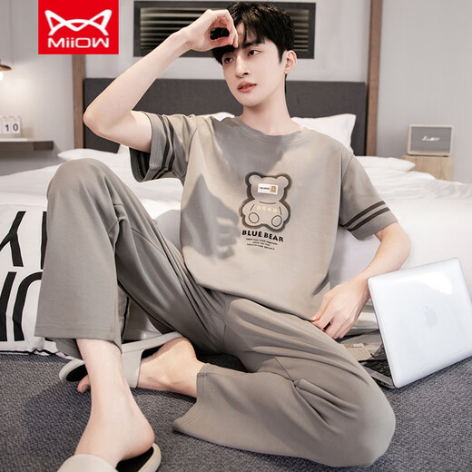Catman Miiow Cotton Pyon Pajamas Men's Men's Summer Classed Colted Coton Cotton Coton Coton de grande taille de Vêtements de maison YS9201 XL Convient pour 120-140jin [Jin est égal à 0,5 kg]