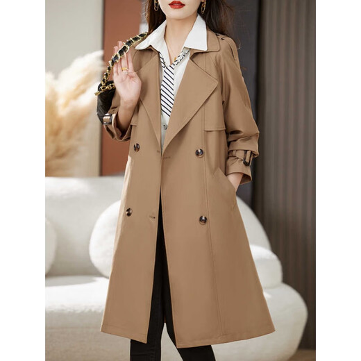Kouyiya brand new women's clothing Khaki windbreaker jacket for women mid-length 2025 autumn new small casual coat Khaki M Recommended 115 Jin [Jin equals 0.5 kg]