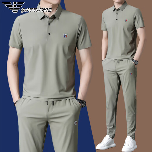 FALAMONE2025春秋新款阿玛尼运动套装男桑蚕丝中年翻领一套休闲服 【826卡其】夏季套装 M 165建议98-120斤