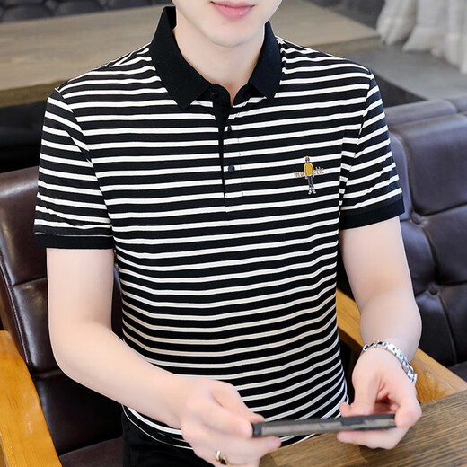 Hailan striped POLO shirt men's short-sleeved POLO shirt Korean style slim ice silk shirt summer trendy brand casual embroidered shirt 6626 gray M (90105Jin[Jin equals 0.5 kg])