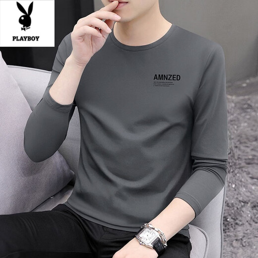 Playboy (Playboy) Langarmed T-Shirt für Männer 2025 Herbst neues Basishemd für Männer Frühling und Herbst Casual Ice Seidenrunde Hals Top für Männer 9209 Black M Empfohlen 70-90jin [Jin gleich 0,5 kg]