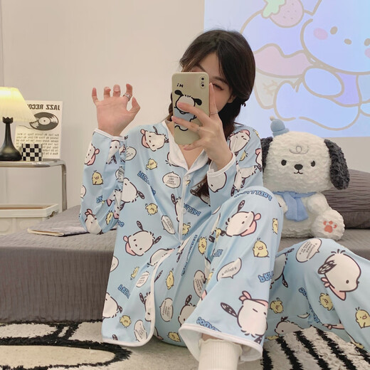 S.SOFEA春季睡衣女长袖牛奶丝家居服网红广州十三行 M6624#蓝帕恰狗 180 XL