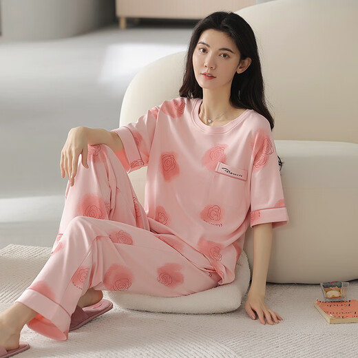 爱慕玫贵睡衣女夏季纯棉短袖长裤薄款全棉夏天女士家居服套装春秋季 YZT9712主图款 短袖长裤 M 80-100斤