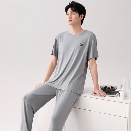 Opeodly莫代尔睡衣男夏季短袖长裤家居服棉超轻薄款冰丝凉感套装可外穿 A2677 短袖+长裤 L 100-120斤