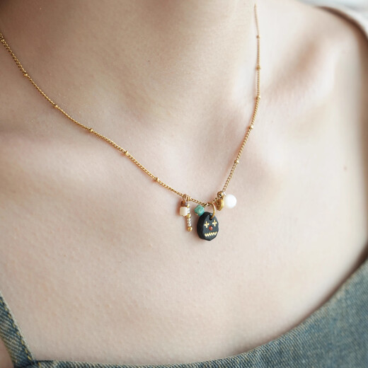 Only pair of QIANTAO Sunset Pine Original Natural Black Agate Necklace Simple Versatile Turquoise Pendant Women's Gift 45cm Imported Medical Steel Plated with 18k Gold Sunset Pine