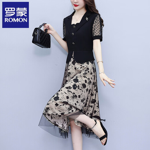 Romon (Romon) mittlere Frau mittleren Alters, Sommerkleid für Frauen Neues Stil Mode Temperament Mesh Fake zweiteiliger Anzug Rock Schwarz L (110jin [Jin gleich 0,5 kg] oder weniger)