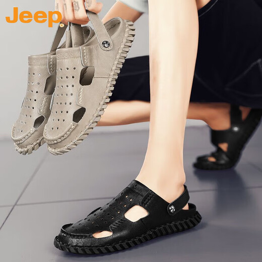 Jeep (Jeep) Sandalias Baotou para hombres de doble uso de hombres 2023 Summer NUEVO estilo al aire libre Driver de dos lados Sandalias de cuero de playa transpirable 12033 Hy Black 40