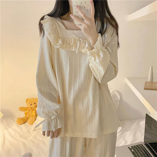 乐僖贝俫公主风睡衣甜美蝴蝶结长款家居服套装 1105蝴蝶花边领【长袖套装】 185 2XL 125-150斤
