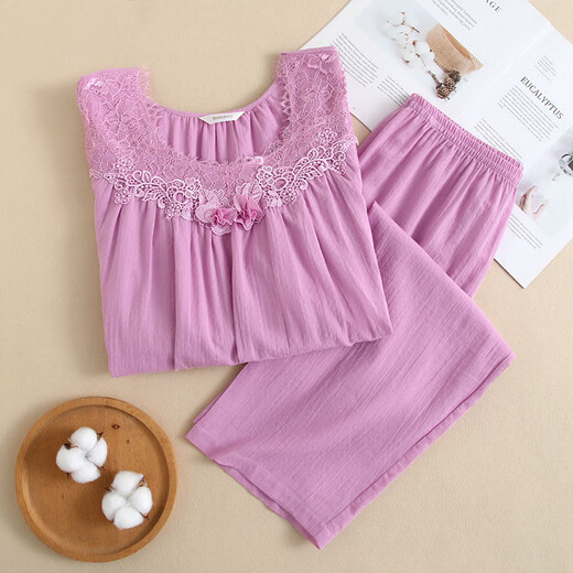 Roseme Roseme Spring and Summer New 15042 Pure Cotton Jacquard tela arrugada de tela redonda de encaje de encaje de manga larga Pajama Púrpura S (155)