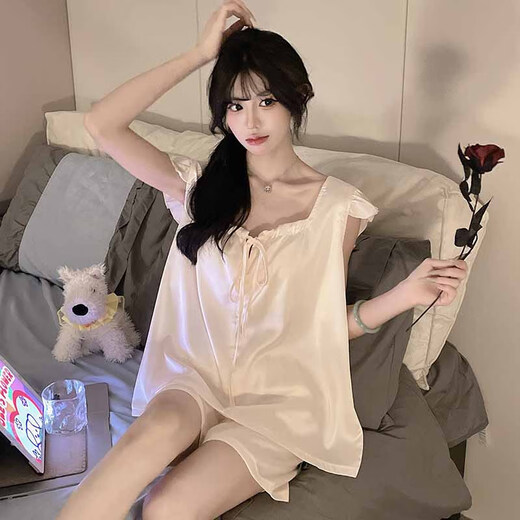 Xiwangchun fengfei feifei ärmepyjamas für Frauen mit Brustpolst 2025 Neue sexy Weste Set Sommer Dünne Heimkleidung 9227xi Feste Farbe Bogen Aprikotte Fixe Brustpolster L. L.
