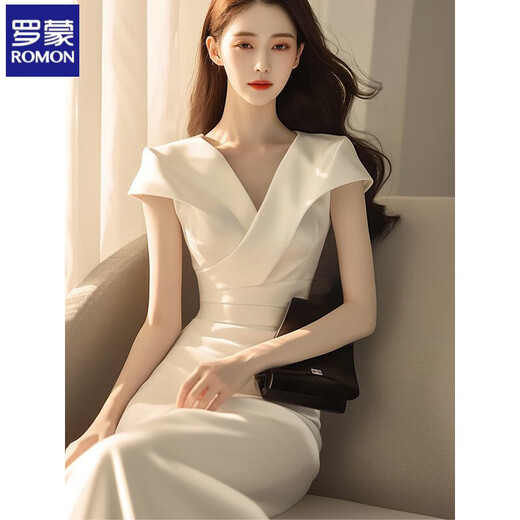 罗蒙醋酸缎面白色连衣裙女夏上流社会高端精致气质女神范高级感超好看 白色连衣裙 M 【建议95-105斤】