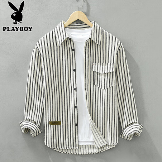 花花公子（PLAYBOY）长袖条纹衬衫男生休闲纯棉衬衣春秋季新款潮流时尚青少年牛仔外套 6625白色 XL