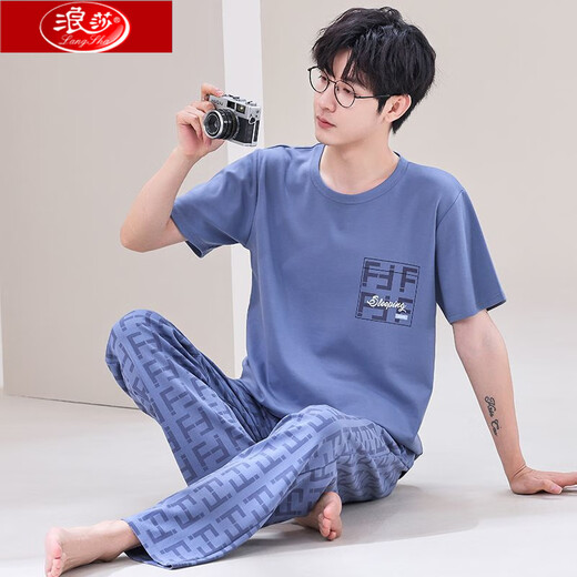 Langsha pajamas short-sleeved pure cotton trousers cotton summer men's thin summer youth middle-aged loose large-size home clothing set AY3527 L men's style 95-120Jin[Jin equals 0.5 kg]