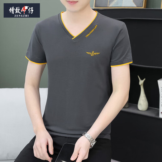 增致牛仔（ZENGZHI）夏季男士短袖t恤纯棉v字领潮流修身半截袖青年休闲上衣服薄款汗衫 黑色 QY693 M