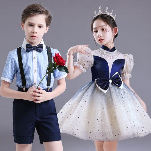 Children's Chorus Performance Clothes for Primary and Secondary Schools, Piano Recitation Dress, Kindergarten Performance Clothes, Girls' Puff Skirt, White Short Sleeves + Ju Ge Shorts + 55-4 Strap + Ju Ge 180 cm