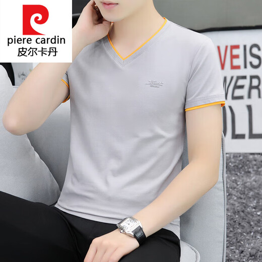 Pierre cardin knitted men's short-sleeved 2025 new pure cotton v chicken heart neck T-shirt for youth summer thin half-sleeved trendy top black QY691 M