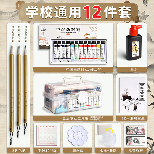 Shu Xing Chinese Painting Pigment Set Beginners Ink Painting Chinese Painting Supplies and Tools Full Set of 12 Colors for Primary School Students Art Class Special Meticulous Brush Painting Brush Rice Paper Materials for Children
