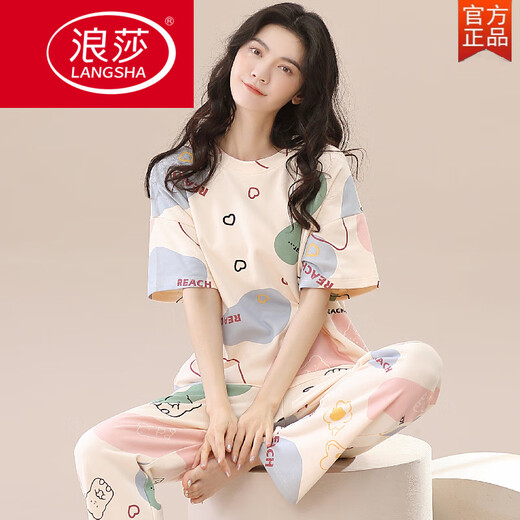 浪莎（LangSha）2025年新款睡衣女夏纯棉短袖长裤春秋夏款女士家居服薄款两件套装 ZH-9720 M