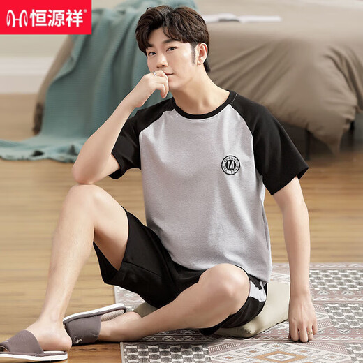 Hengyuanxiang men's pajamas summer cotton short-sleeved shorts youth and middle-aged casual plus size summer thin home clothing set HD9922 [short-sleeved shorts set] L [100-130Jin [Jin equals 0.5 kg]]
