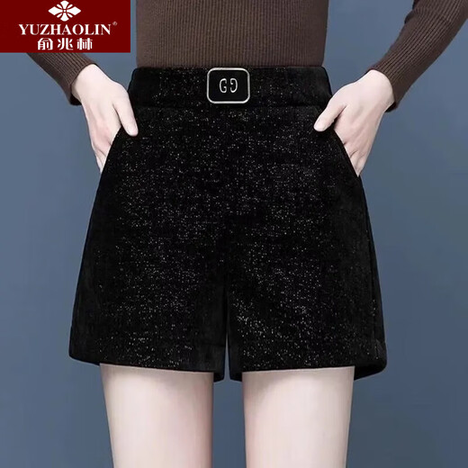 Yu Zhaolin (YUZHAOLIN) chenille high-waisted shorts for women, autumn and winter, a-line, thickened outer wear, fashionable, loose, slimming, wide-leg casual j-boot pants, black, plus velvet, L 105-115Jin Jin equals 0.5 kg