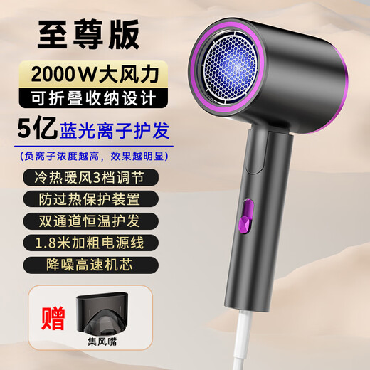 High-speed hair dryer, foldable dormitory hair dryer, home silent negative ion high-power non-harming hair constant temperature hair care barber shop hair dryer space gray 2000W powerful quick-drying + blue light negative ions